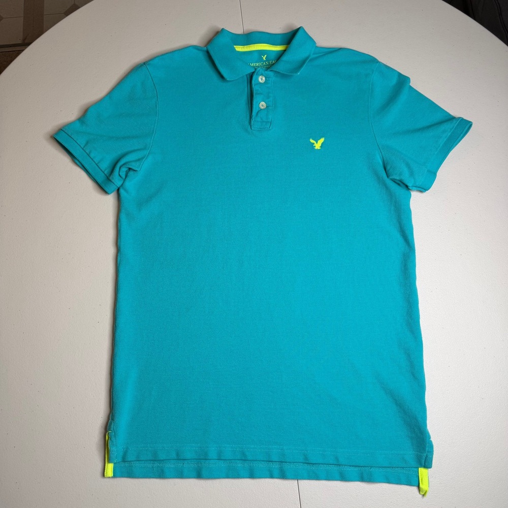 American Eagle Outfitters Mens MT Classic Fit Polo Shirt Turquoise Neon Yellow